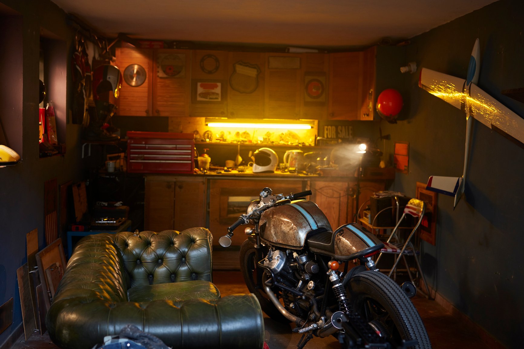 Stylish vintage hobby motorcycle garage. Workshop